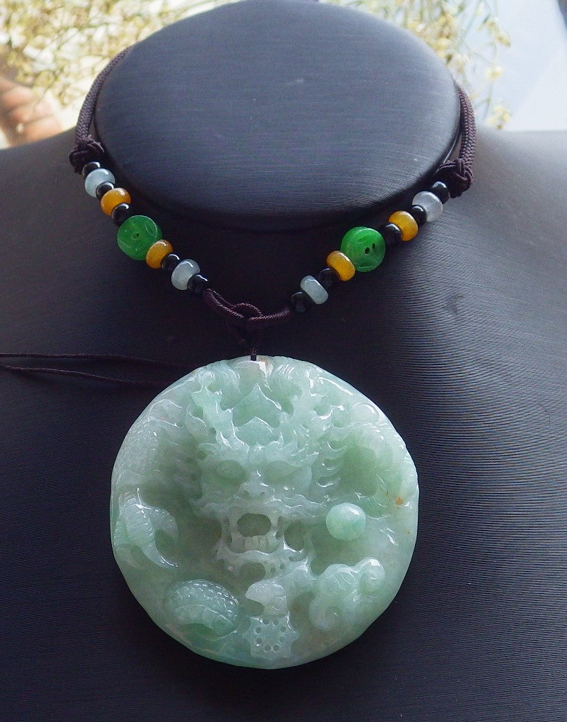 Certified Hand Carved Green Natural Myanmar Burma A Jade jadeite Circle Dragon Bead Beads Pendant Necklace