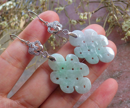 Certified Sterling Silver 925 100% Green Natural Myanmar Burma Hand Carved A Jade Jadeite Knotted Dangle Earrings