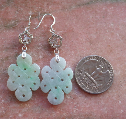 Certified Sterling Silver 925 100% Green Natural Myanmar Burma Hand Carved A Jade Jadeite Knotted Dangle Earrings