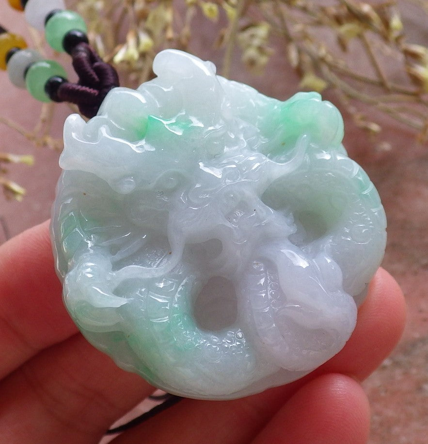 Certified Hand Carved Green Natural Myanmar Burma A Jade jadeite Circle Dragon Bead Beads Pendant Necklace