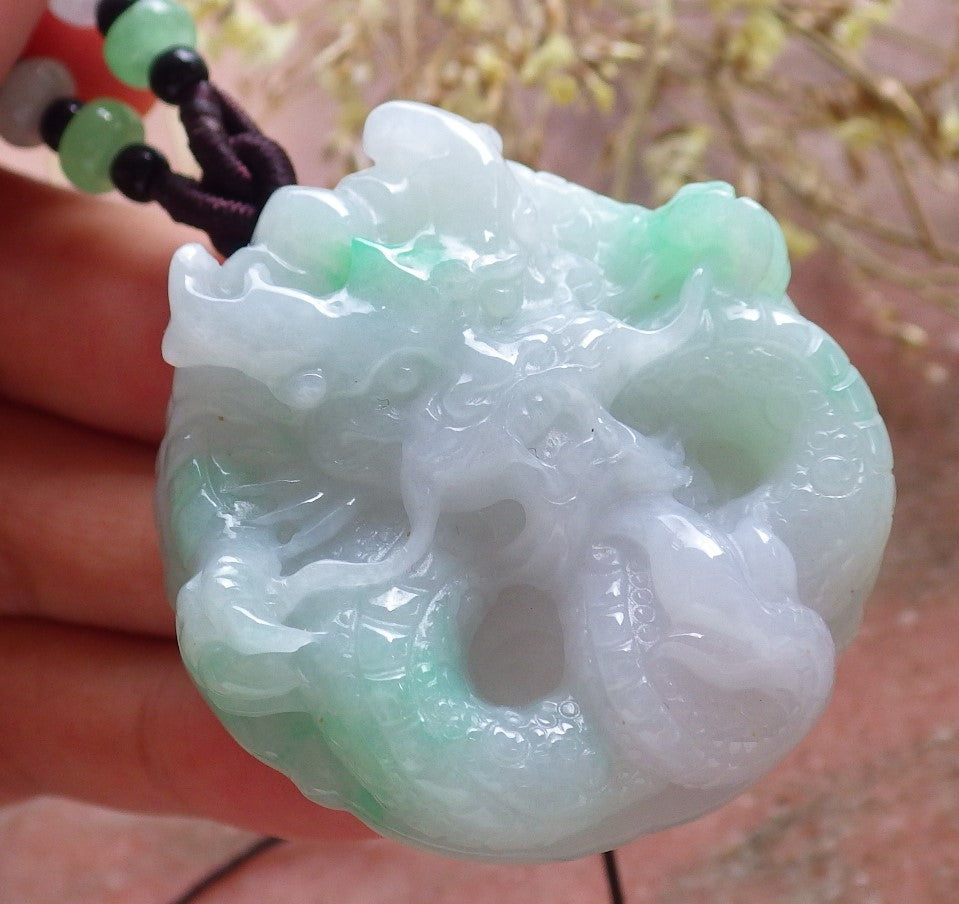 Certified Hand Carved Green Natural Myanmar Burma A Jade jadeite Circle Dragon Bead Beads Pendant Necklace