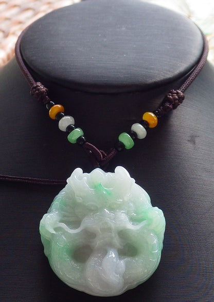 Certified Hand Carved Green Natural Myanmar Burma A Jade jadeite Circle Dragon Bead Beads Pendant Necklace