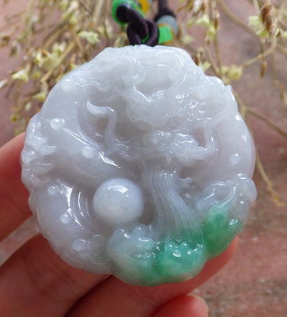 Certified Hand Carved Green Natural Myanmar Burma A Jade jadeite Circle Dragon Bead Beads Pendant Necklace