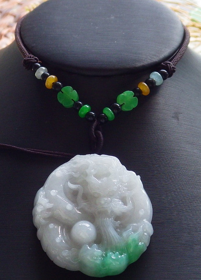 Certified Hand Carved Green Natural Myanmar Burma A Jade jadeite Circle Dragon Bead Beads Pendant Necklace