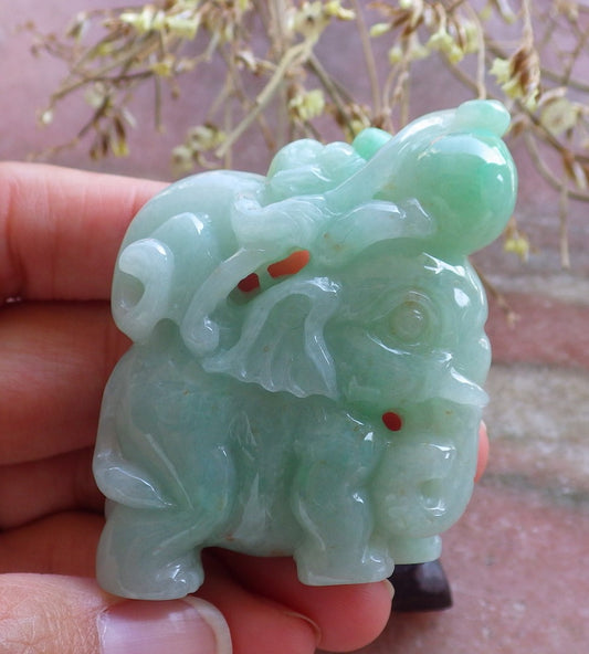 Certified Hand Carved Green Natural Myanmar Burma A Jade jadeite Elephant Monkey Display with wood stand
