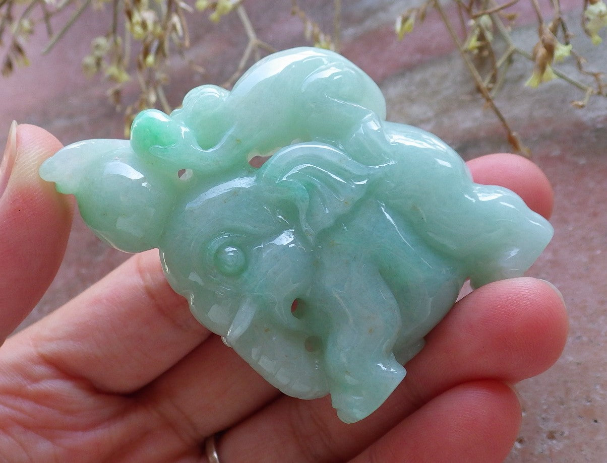 Certified Hand Carved Green Natural Myanmar Burma A Jade jadeite Elephant Monkey Display with wood stand