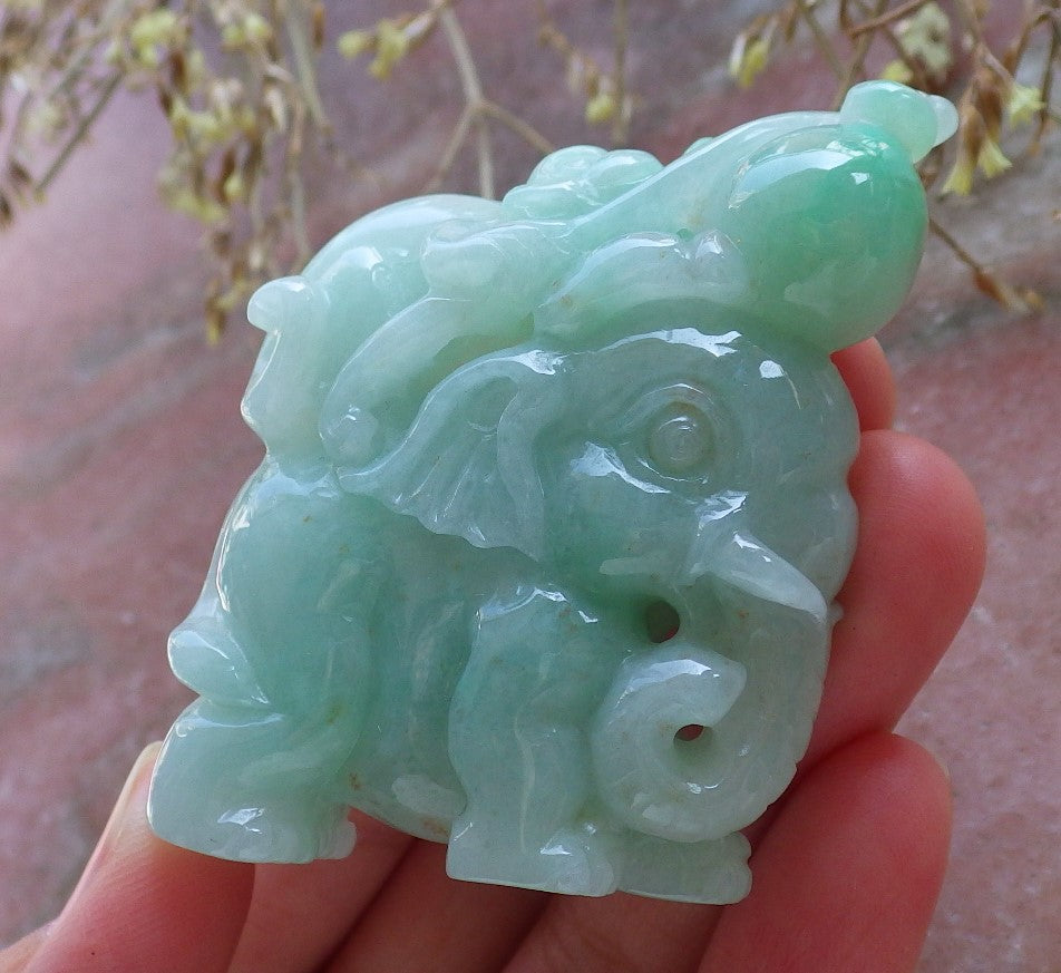 Certified Hand Carved Green Natural Myanmar Burma A Jade jadeite Elephant Monkey Display with wood stand