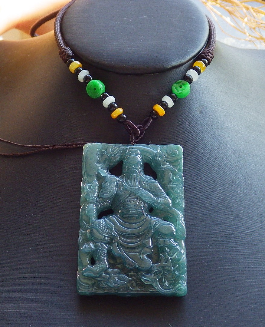 Certified Hand Carved Green 100% Natural Myanmar Burma A Jade jadeite Fight God Guan Gong God Guangyu Sword Broadword Pendant Necklace