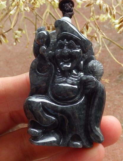 Certified Hand Carved Black Natural Burma Grade A Jade jadeite Ji Kung Buddha God Pendant Necklace