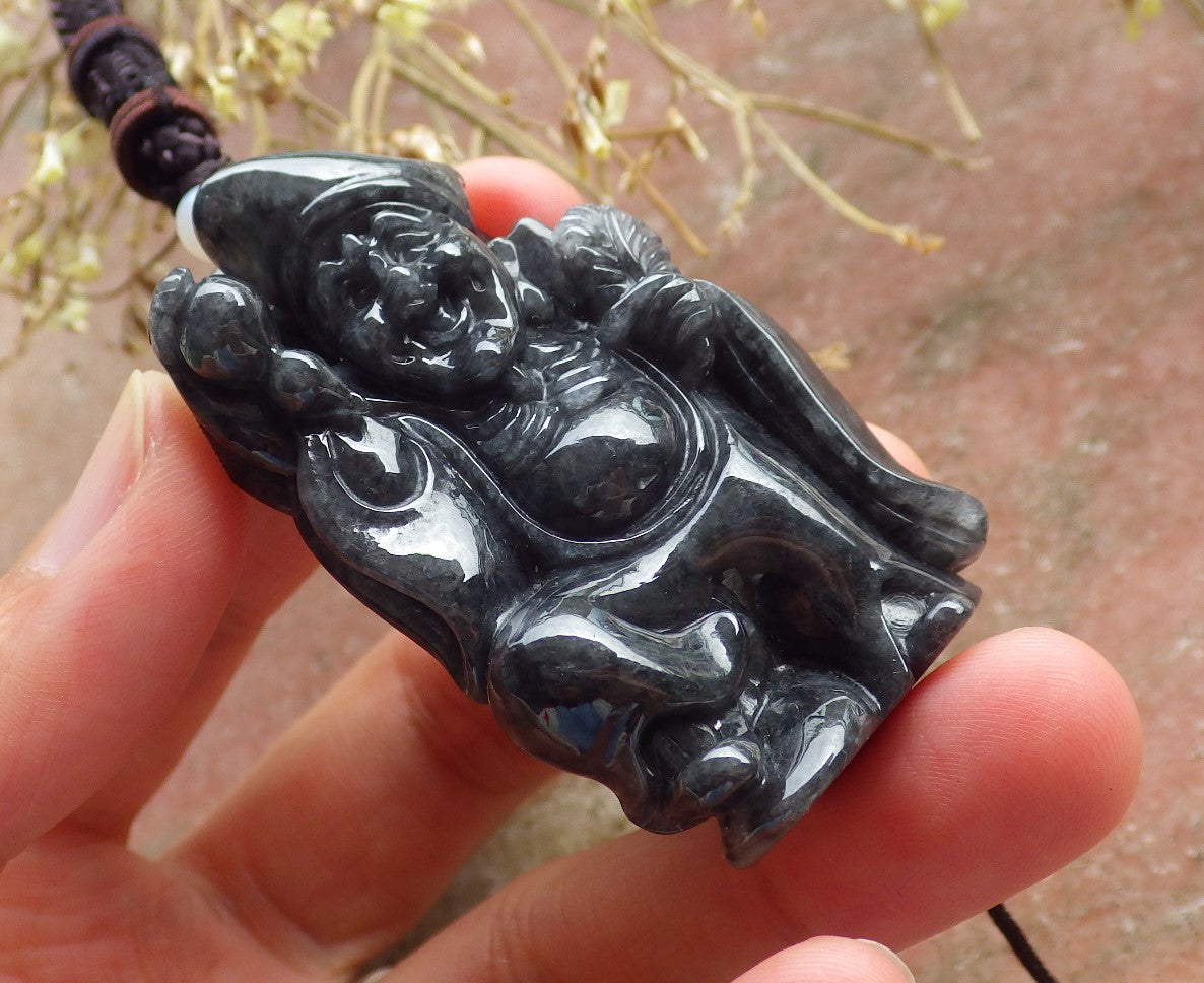 Certified Hand Carved Black Natural Burma Grade A Jade jadeite Ji Kung Buddha God Pendant Necklace