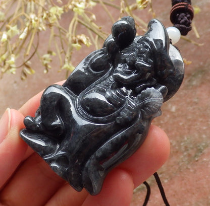 Certified Hand Carved Black Natural Burma Grade A Jade jadeite Ji Kung Buddha God Pendant Necklace