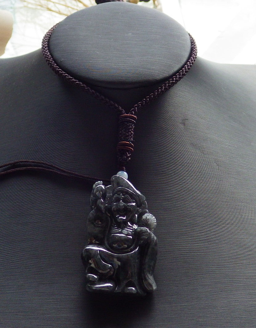 Certified Hand Carved Black Natural Burma Grade A Jade jadeite Ji Kung Buddha God Pendant Necklace