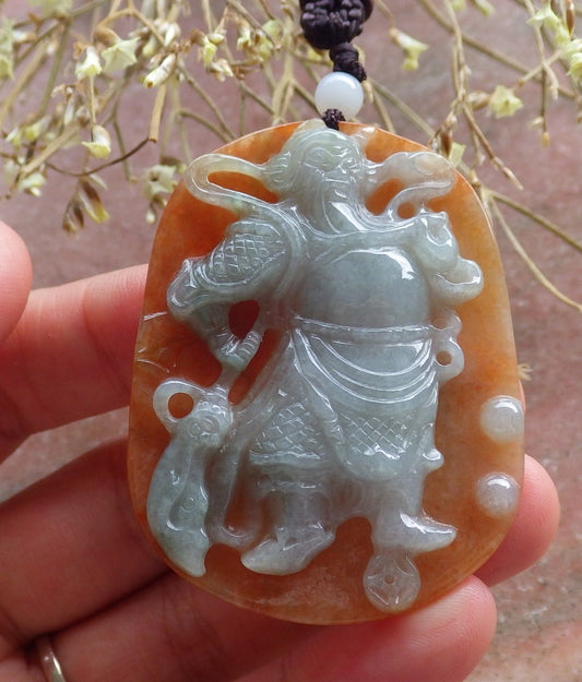 Certified Hand Carved Green 100% Natural Myanmar Burma A Jade jadeite Fight God Guan Gong God Guangyu Broadword Pendant Necklace