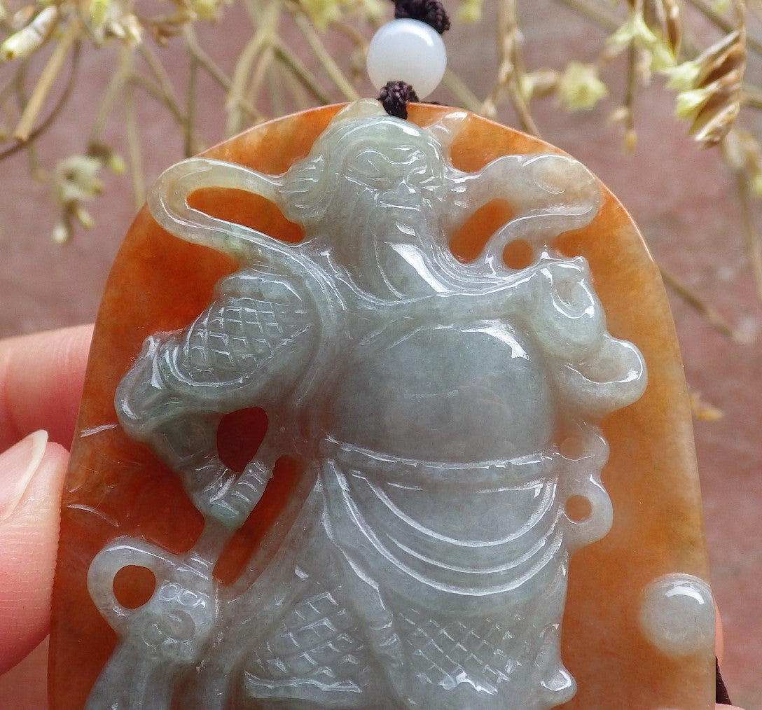 Certified Hand Carved Green 100% Natural Myanmar Burma A Jade jadeite Fight God Guan Gong God Guangyu Broadword Pendant Necklace