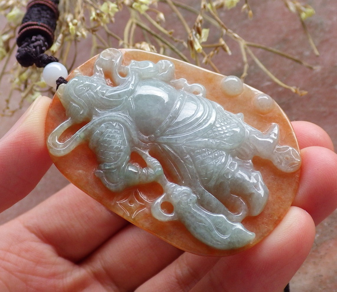 Certified Hand Carved Green 100% Natural Myanmar Burma A Jade jadeite Fight God Guan Gong God Guangyu Broadword Pendant Necklace