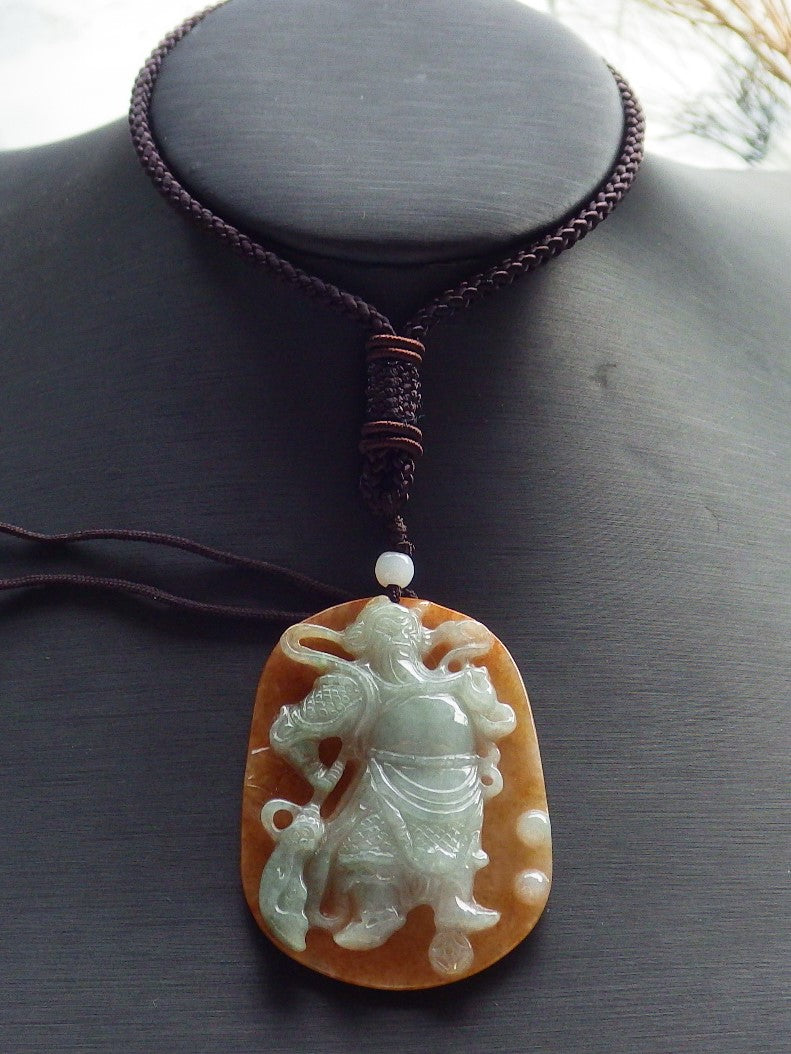 Certified Hand Carved Green 100% Natural Myanmar Burma A Jade jadeite Fight God Guan Gong God Guangyu Broadword Pendant Necklace