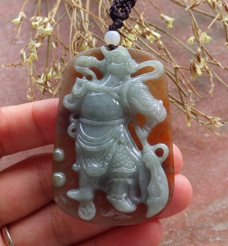 Certified Hand Carved Green 100% Natural Myanmar Burma A Jade jadeite Fight God Guan Gong God Guangyu Broadword Pendant Necklace