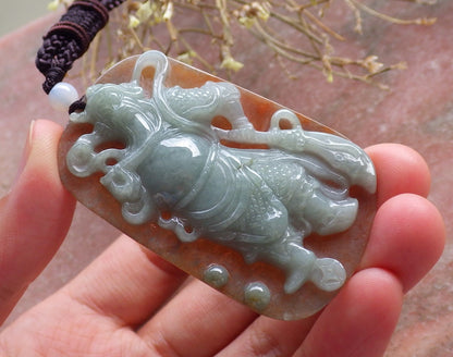 Certified Hand Carved Green 100% Natural Myanmar Burma A Jade jadeite Fight God Guan Gong God Guangyu Broadword Pendant Necklace