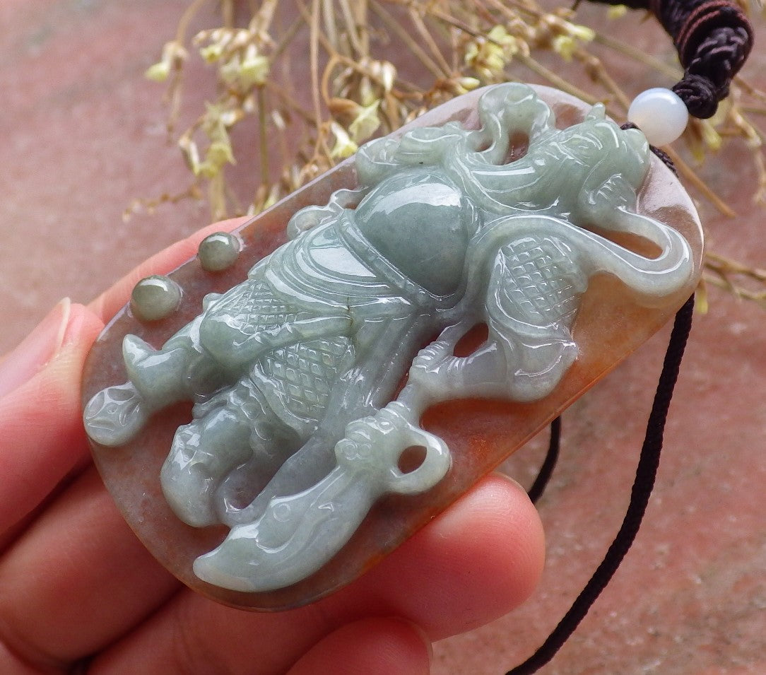 Certified Hand Carved Green 100% Natural Myanmar Burma A Jade jadeite Fight God Guan Gong God Guangyu Broadword Pendant Necklace