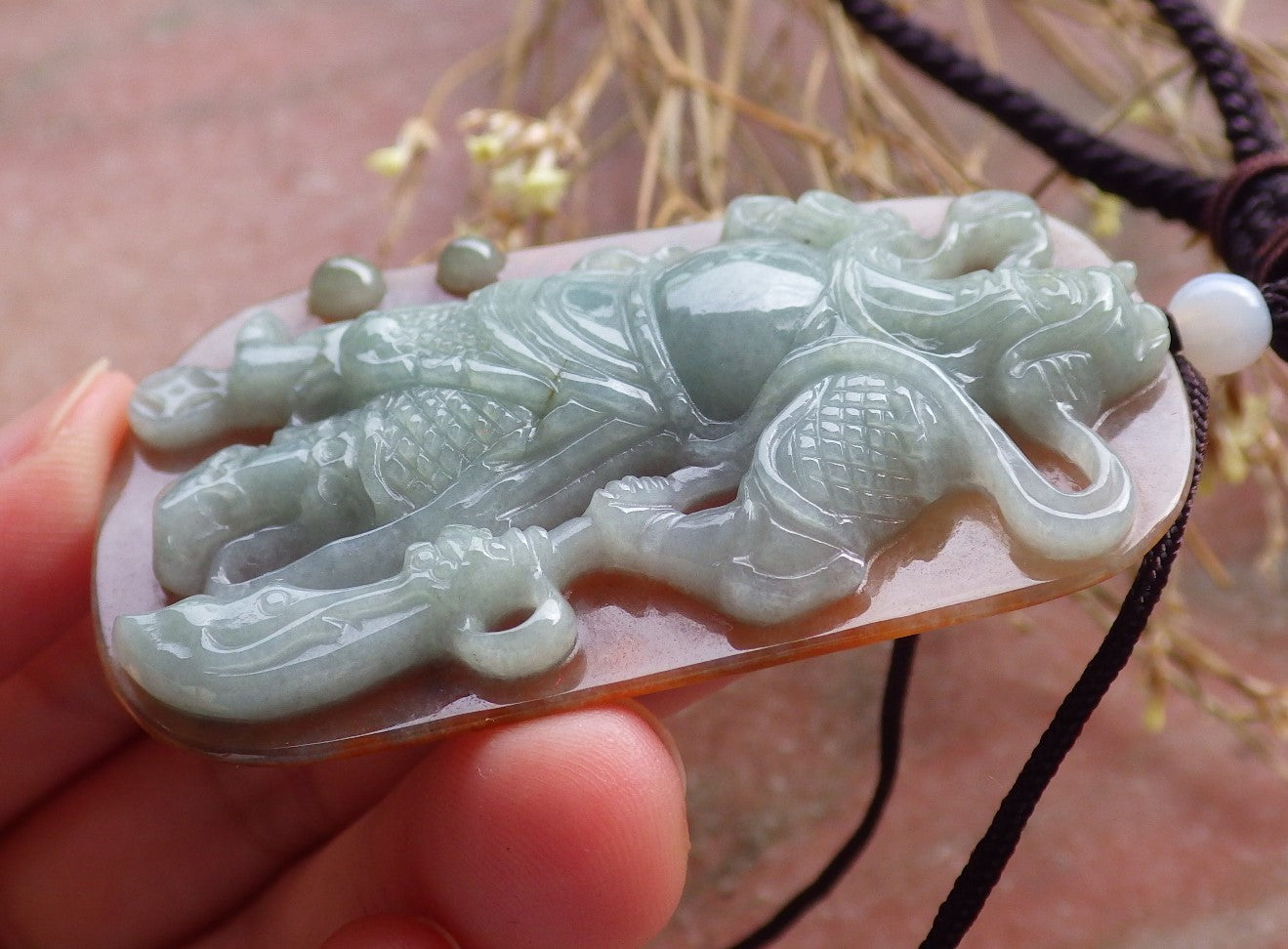 Certified Hand Carved Green 100% Natural Myanmar Burma A Jade jadeite Fight God Guan Gong God Guangyu Broadword Pendant Necklace