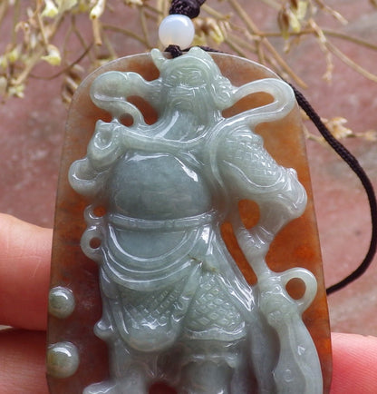 Certified Hand Carved Green 100% Natural Myanmar Burma A Jade jadeite Fight God Guan Gong God Guangyu Broadword Pendant Necklace