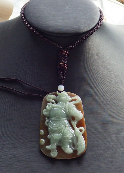 Certified Hand Carved Green 100% Natural Myanmar Burma A Jade jadeite Fight God Guan Gong God Guangyu Broadword Pendant Necklace