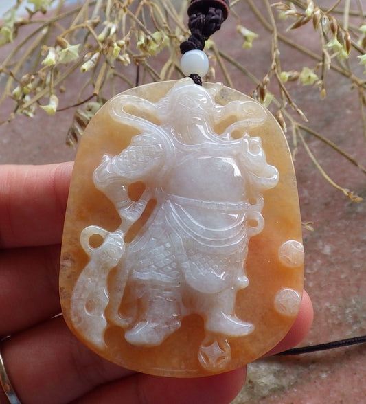 Certified Hand Carved Yellow 100% Natural Myanmar Burma A Jade jadeite Fight God Guan Gong God Guangyu Broadword Pendant Necklace