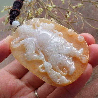 Certified Hand Carved Yellow 100% Natural Myanmar Burma A Jade jadeite Fight God Guan Gong God Guangyu Broadword Pendant Necklace