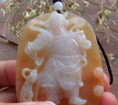 Certified Hand Carved Yellow 100% Natural Myanmar Burma A Jade jadeite Fight God Guan Gong God Guangyu Broadword Pendant Necklace