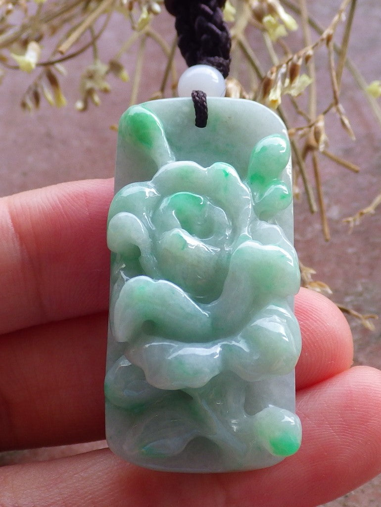 Certified Hand Carved Green Natural Myanmar Burma A Jade Jadeite Rose Flower Pendant Necklace