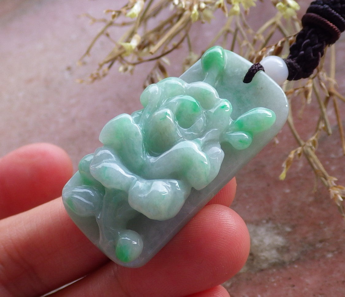 Certified Hand Carved Green Natural Myanmar Burma A Jade Jadeite Rose Flower Pendant Necklace