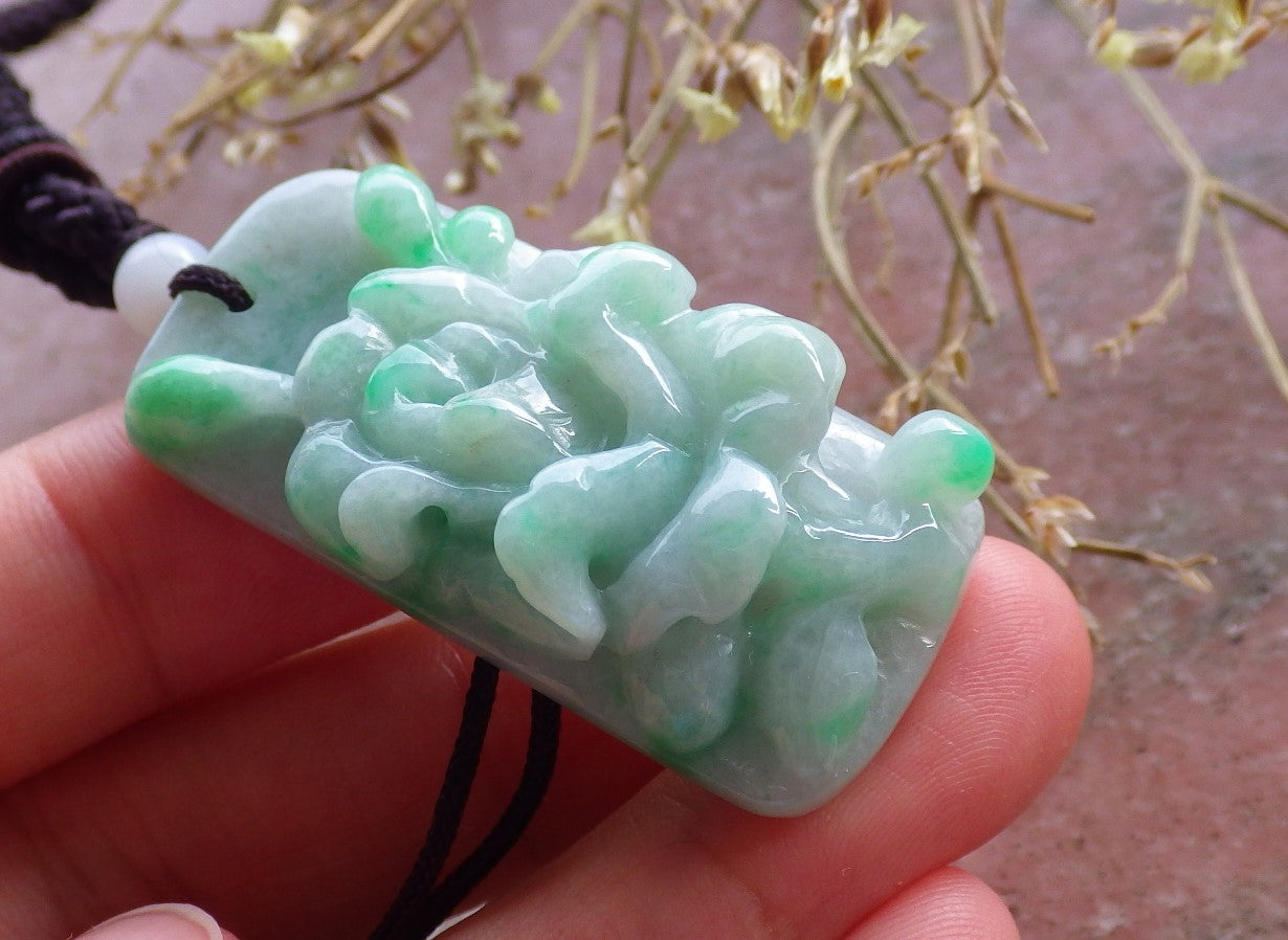 Certified Hand Carved Green Natural Myanmar Burma A Jade Jadeite Rose Flower Pendant Necklace