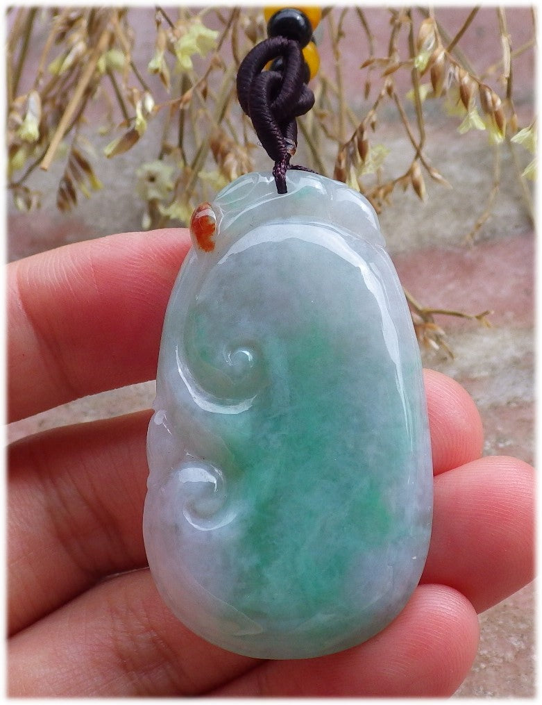 Certified Hand Carved Green Natural Myanmar Burma A Jade Jadeite Ruyi Flower Pendant Necklace