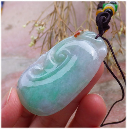 Certified Hand Carved Green Natural Myanmar Burma A Jade Jadeite Ruyi Flower Pendant Necklace