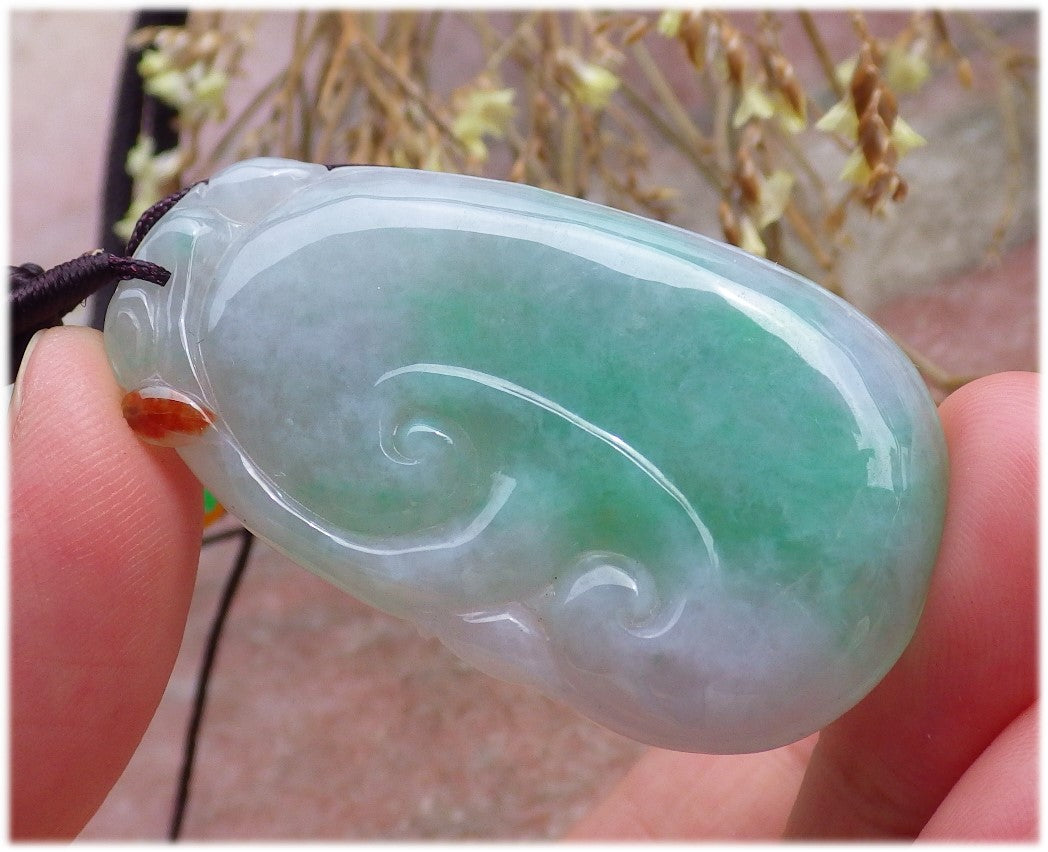 Certified Hand Carved Green Natural Myanmar Burma A Jade Jadeite Ruyi Flower Pendant Necklace