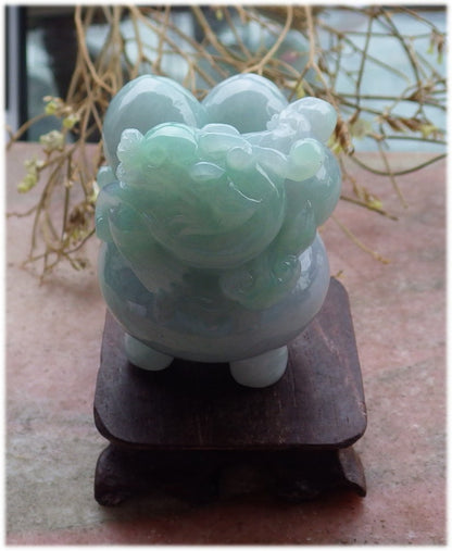 Certified Hand Carved Lavender Green Natural Myanmar Burma Grade A Jade Jadeite Dragon Pi Xiu Coin Treasure Bowl Display With Wood Stand