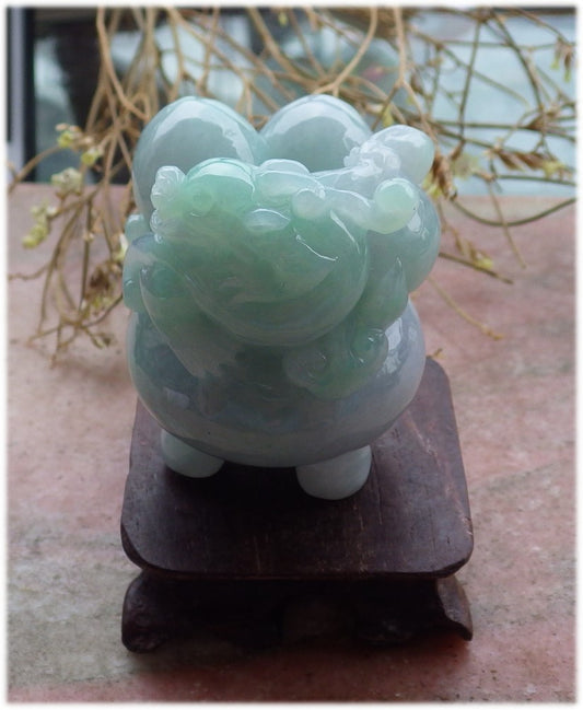 Certified Hand Carved Lavender Green Natural Myanmar Burma Grade A Jade Jadeite Dragon Pi Xiu Coin Treasure Bowl Display With Wood Stand