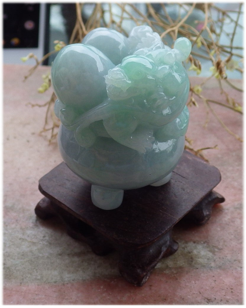 Certified Hand Carved Lavender Green Natural Myanmar Burma Grade A Jade Jadeite Dragon Pi Xiu Coin Treasure Bowl Display With Wood Stand