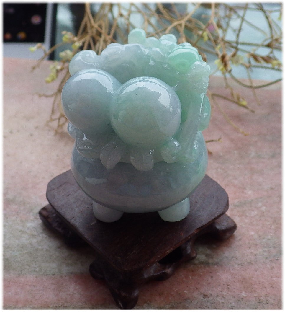 Certified Hand Carved Lavender Green Natural Myanmar Burma Grade A Jade Jadeite Dragon Pi Xiu Coin Treasure Bowl Display With Wood Stand