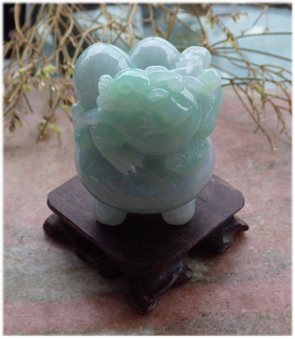 Certified Hand Carved Lavender Green Natural Myanmar Burma Grade A Jade Jadeite Dragon Pi Xiu Coin Treasure Bowl Display With Wood Stand