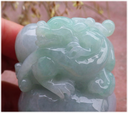 Certified Hand Carved Lavender Green Natural Myanmar Burma Grade A Jade Jadeite Dragon Pi Xiu Coin Treasure Bowl Display With Wood Stand