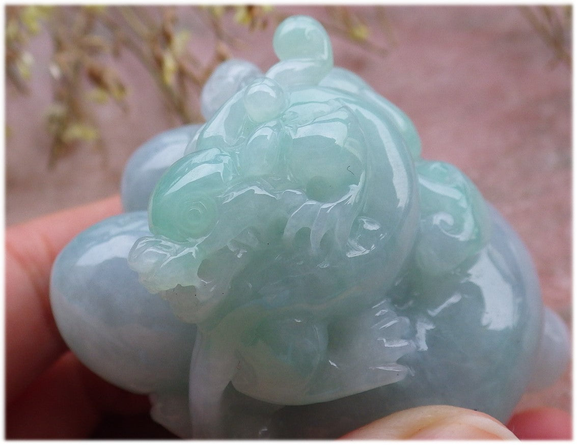 Certified Hand Carved Lavender Green Natural Myanmar Burma Grade A Jade Jadeite Dragon Pi Xiu Coin Treasure Bowl Display With Wood Stand