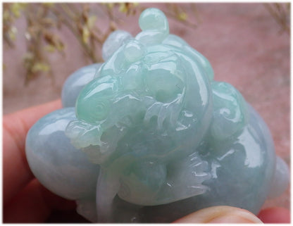 Certified Hand Carved Lavender Green Natural Myanmar Burma Grade A Jade Jadeite Dragon Pi Xiu Coin Treasure Bowl Display With Wood Stand