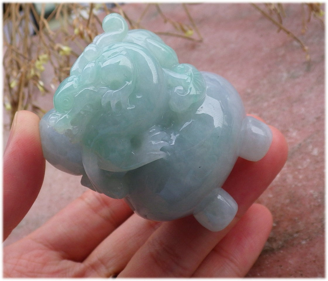 Certified Hand Carved Lavender Green Natural Myanmar Burma Grade A Jade Jadeite Dragon Pi Xiu Coin Treasure Bowl Display With Wood Stand