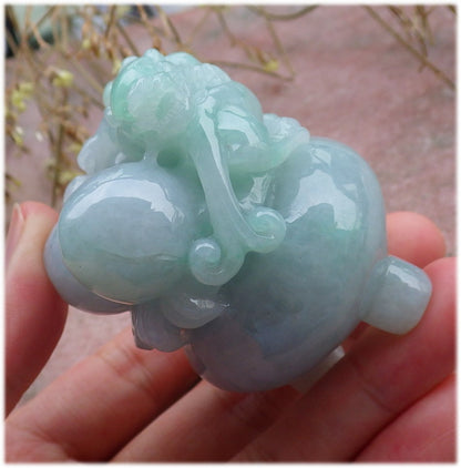 Certified Hand Carved Lavender Green Natural Myanmar Burma Grade A Jade Jadeite Dragon Pi Xiu Coin Treasure Bowl Display With Wood Stand