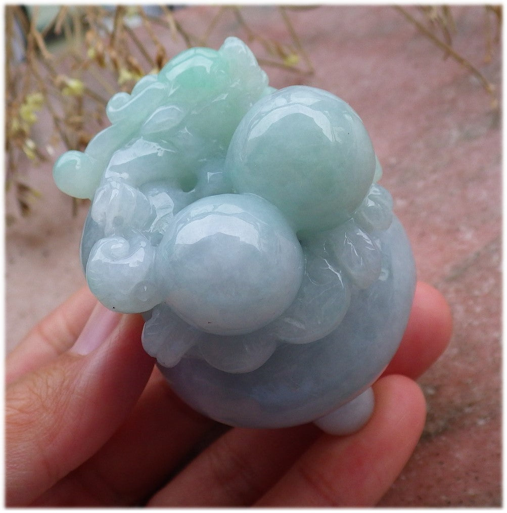 Certified Hand Carved Lavender Green Natural Myanmar Burma Grade A Jade Jadeite Dragon Pi Xiu Coin Treasure Bowl Display With Wood Stand