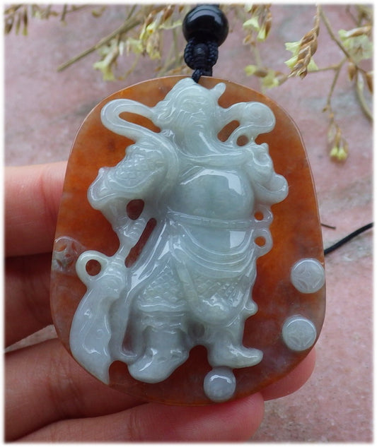 Certified Hand Carved Green Red 100% Natural Myanmar Burma A Jade jadeite Fight God Guan Gong God Guangyu Broadword Pendant Necklace