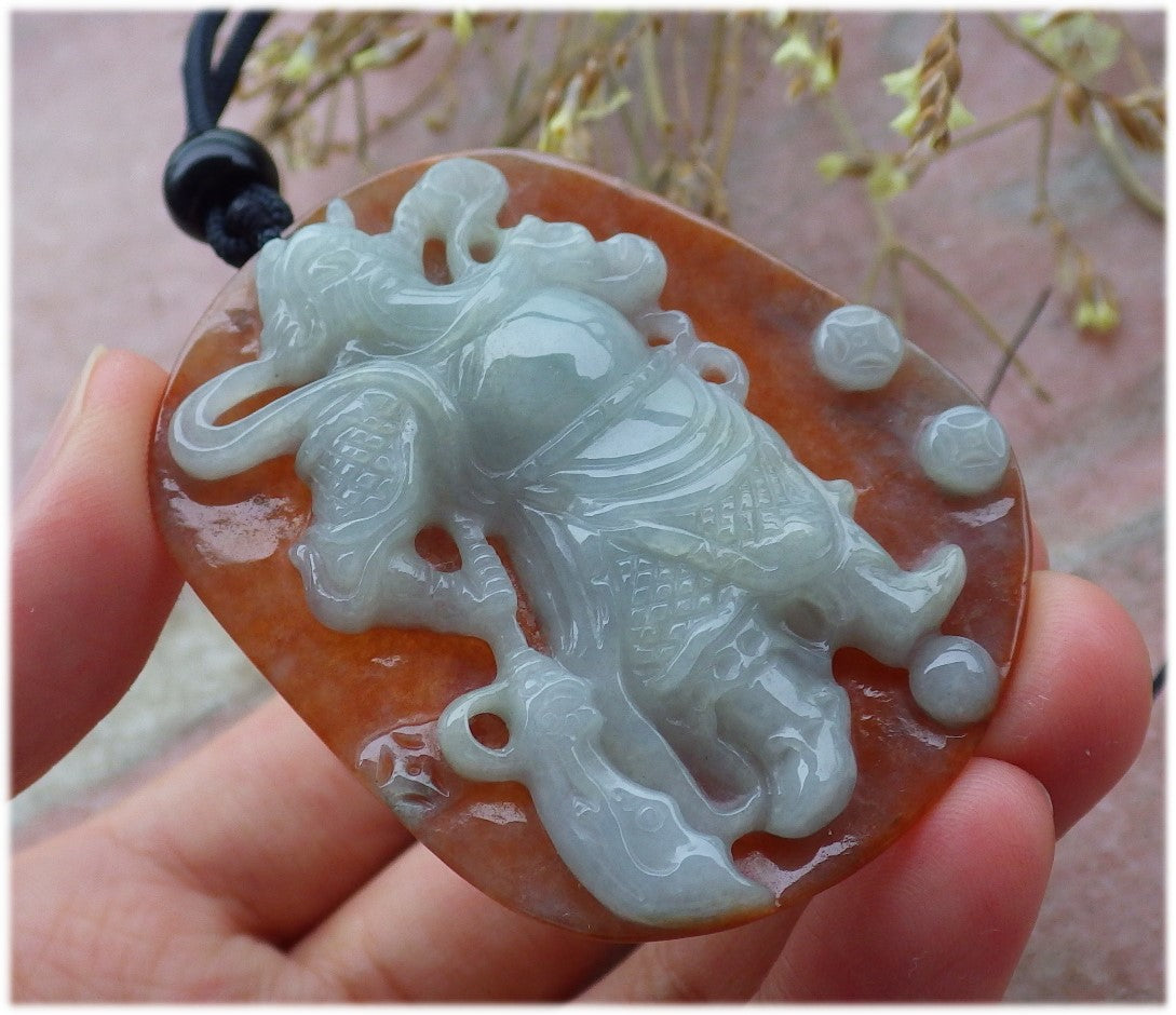 Certified Hand Carved Green Red 100% Natural Myanmar Burma A Jade jadeite Fight God Guan Gong God Guangyu Broadword Pendant Necklace