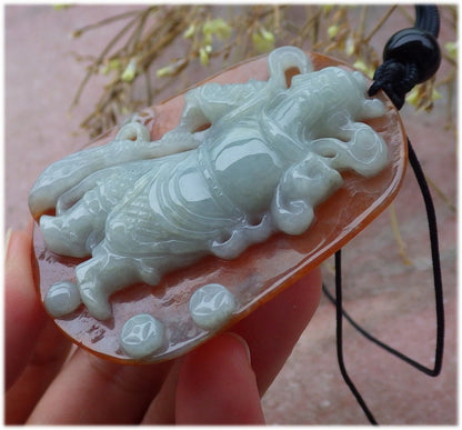 Certified Hand Carved Green Red 100% Natural Myanmar Burma A Jade jadeite Fight God Guan Gong God Guangyu Broadword Pendant Necklace