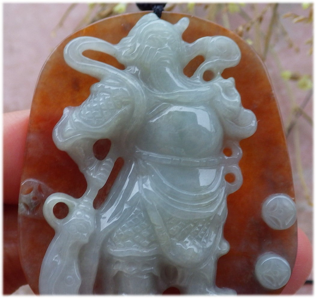 Certified Hand Carved Green Red 100% Natural Myanmar Burma A Jade jadeite Fight God Guan Gong God Guangyu Broadword Pendant Necklace